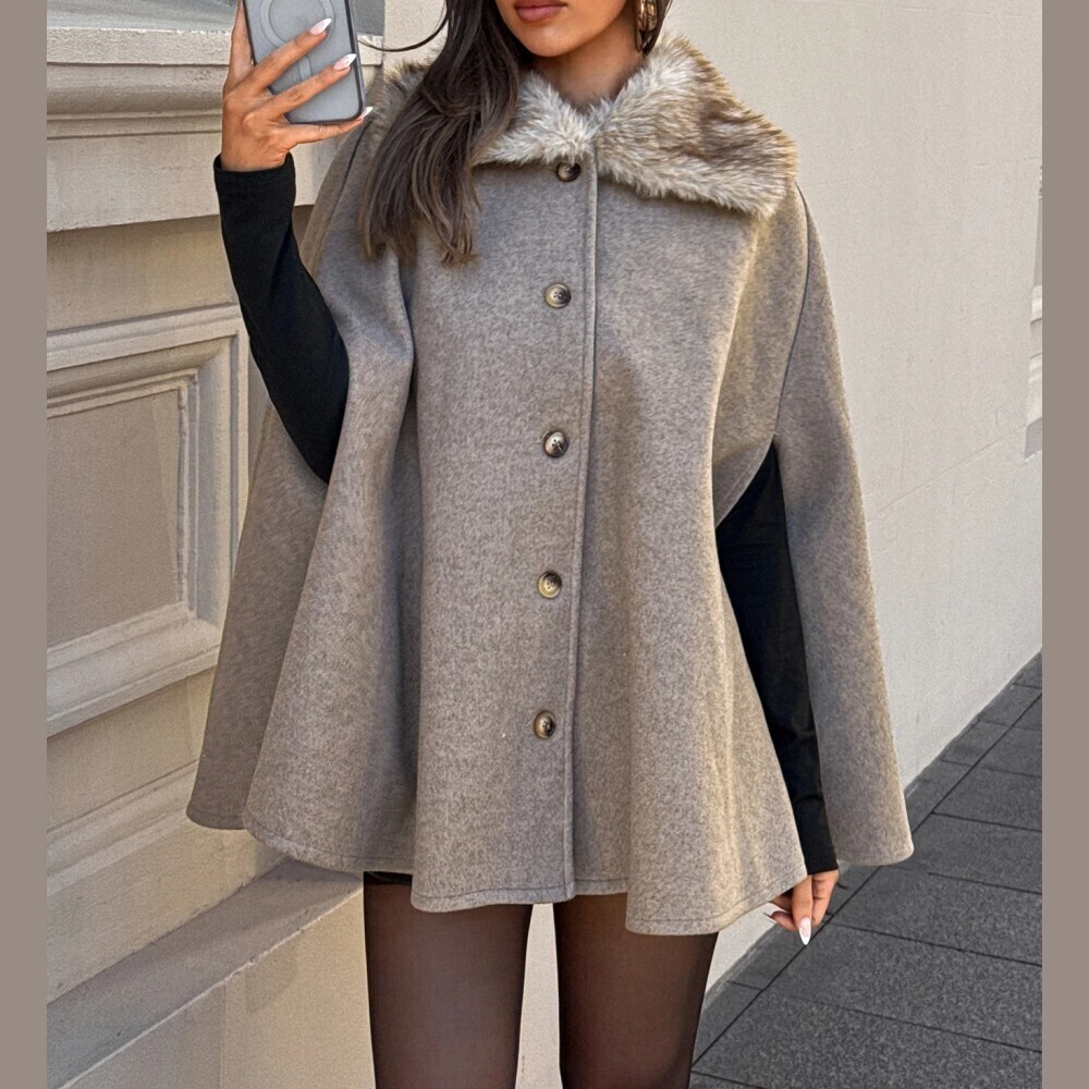 Heathered Gray Faux Fur Collar Button Front Tweed Cape Coat